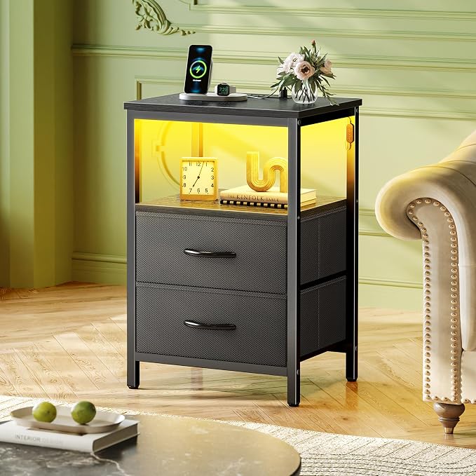 Huuger Night Stand with Charger Station and LED Lights, 2 Drawer Nightstand - Image 2