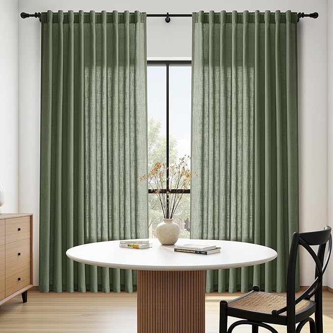 Olive Green Linen Blend Semi Sheer Curtains 108 Inches Long by 70 Inches Wide - Image 8