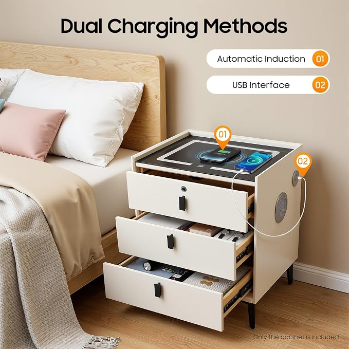 Smart Nightstand with Wireless Charging & Fingerprint Lock, 3-Drawer Bluetooth - Image 4