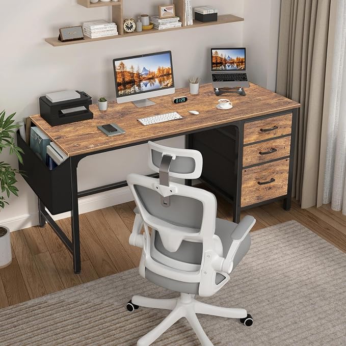 Lufeiya Computer Desk with Fabric File Drawers Cabinet, 55 Inch Reversible Home - Image 2