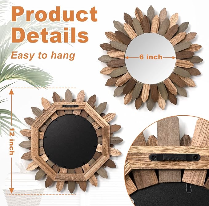 Emfogo Wall Mirror 12 inch Rustic Wood Sunburst Boho Mirror Farmhouse Wall - Image 4