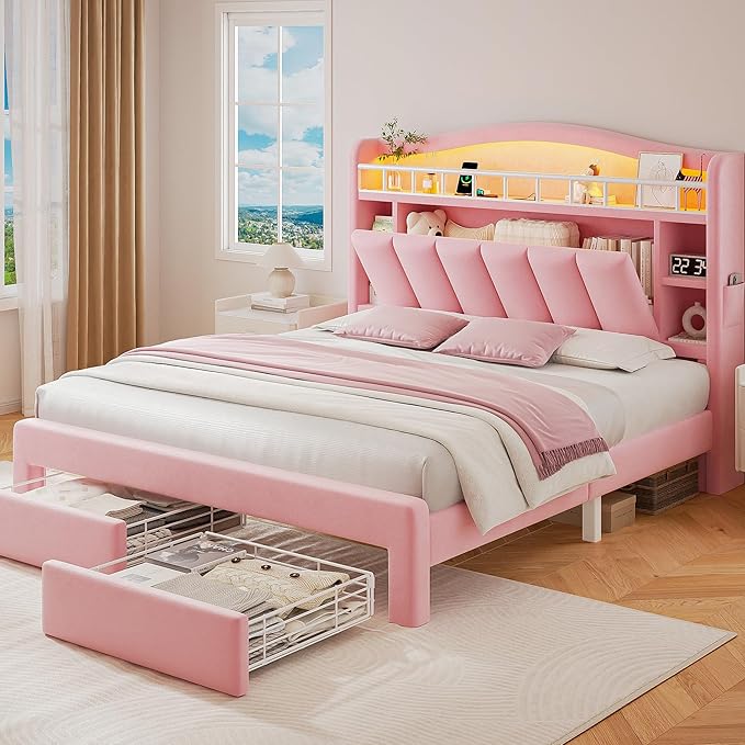 Full LED Bed Frame with Storage Headboard & 2 Storage Drawers, Princess Velvet by JOCOEVOL