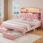 Full LED Bed Frame with Storage Headboard & 2 Storage Drawers, Princess Velvet by JOCOEVOL