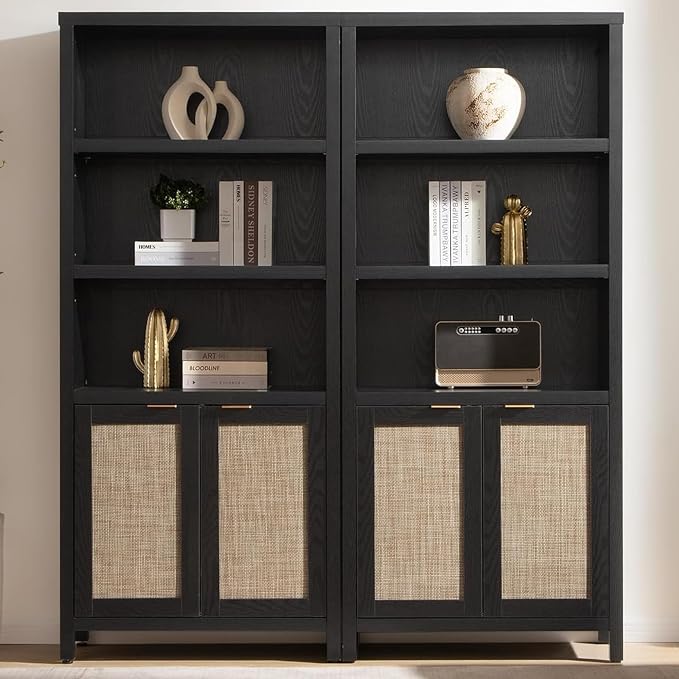 SICOTAS Bookcase 71" Tall Bookshelf 5 Tier Rattan Boho Bookcase by SICOTAS