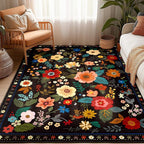 RELEANY Floral Washable 4x6 Area Rugs Black | Flower Carpet Print Boho Cute Non - Image 7