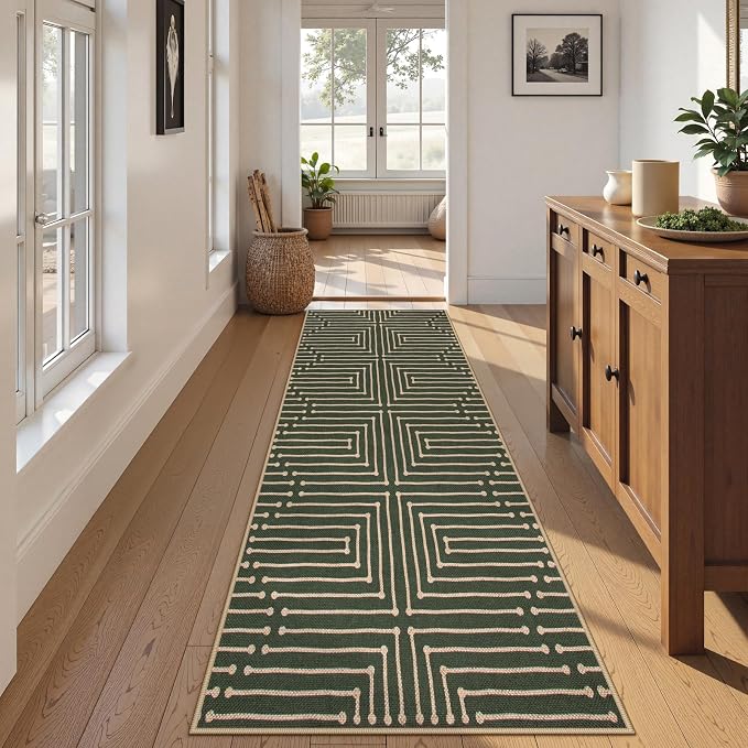 Lahome Maze Line Green Kitchen Runner Rug, 2x8 Outdoor Easy Jute Runner Rug | - Image 2