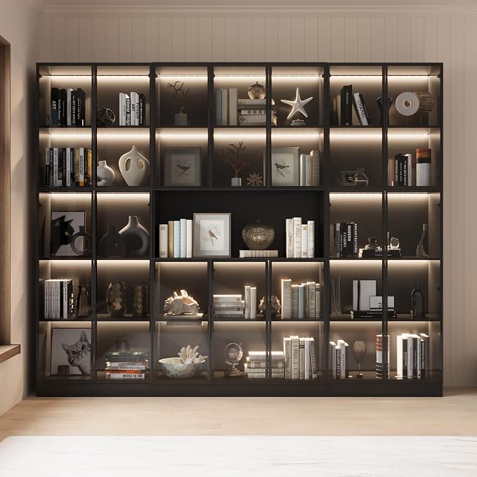 Mekminop Bookcase with Glass Doors and RGB Led Lights, Combination Display by Mekminop