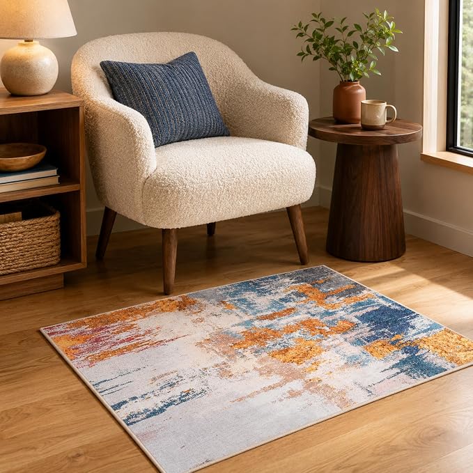 Entrance Rugs Indoor 2x3 Orange Blue Entry Rug Washable Abstract Small Area Rug - Image 3
