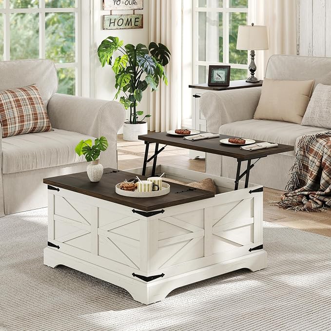 Furnideco Farmhouse Lift Top Coffee Table, Square Wood Center Table - Image 4