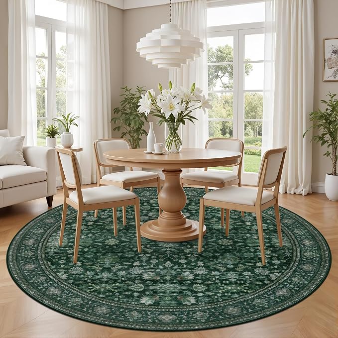 Round Area Rug for Living Room: 6ft Boho Washable Rug Deep Green | Vintage Boho - Image 3