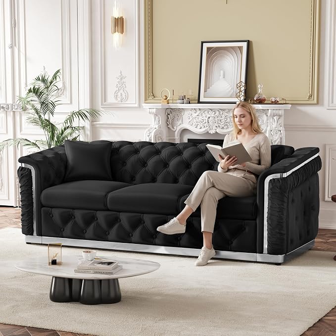 Luxury Chesterfield Sofa Set of 2, Velvet Tufted Couch Victorian Black and - Image 3
