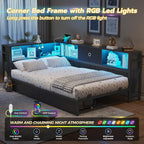 DICTAC Corner Bed Frame with 2 Storage Drawers and Bookcase Headboard Twin XL - Image 4