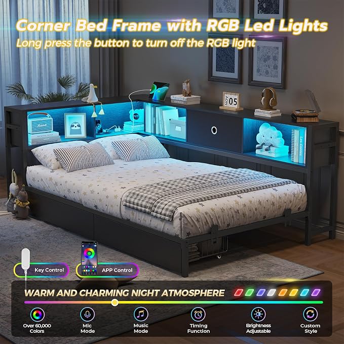 DICTAC Corner Bed Frame with 2 Storage Drawers and Bookcase Headboard Twin XL - Image 4