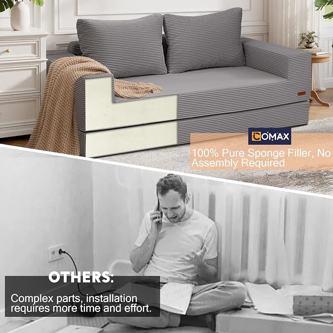 COMAX Convertible Sofa Bed Queen, Corduroy Folding Floor Couch Pull Out Couch - Image 9