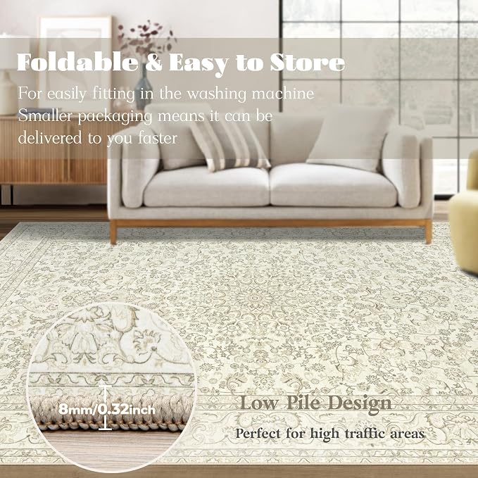 Area Rug 8x10 Washable Rug, Vintage Boho Medallion Rugs Non-Slip Soft Low Pile - Image 7