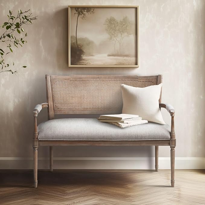 Madison Park Willshire Natural Rattan Settee, Upholstered Seat - Image 7