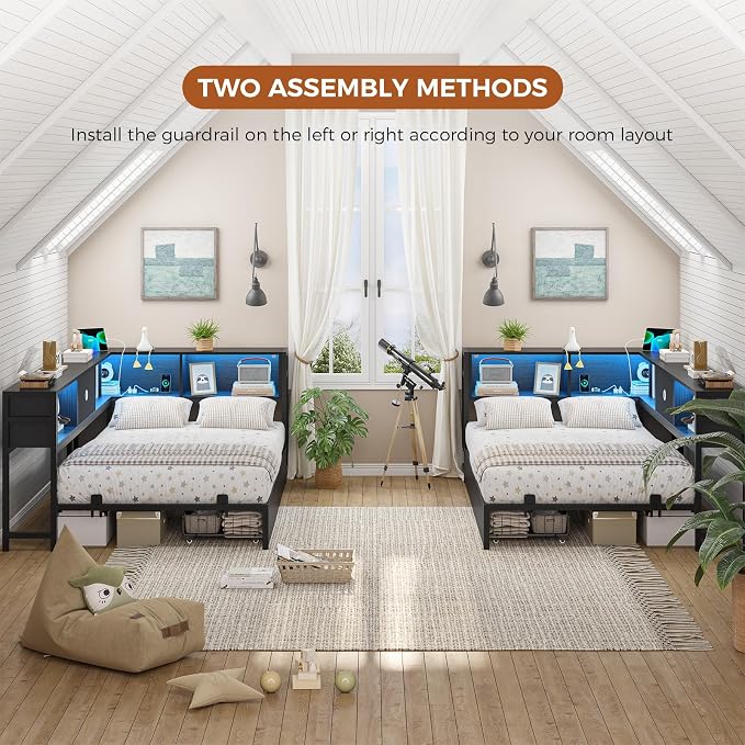 DICTAC Corner Bed Frame with 2 Storage Drawers and Bookcase Headboard Twin XL - Image 8