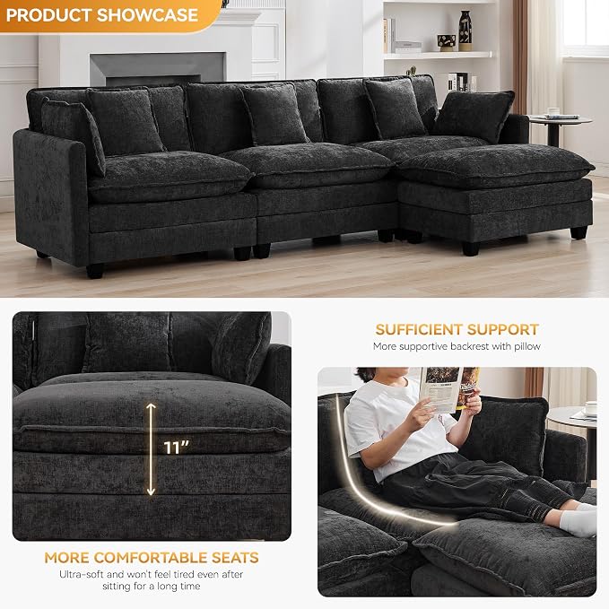 111'' Sectional Cloud Deep Seat Couch, Modern Comfy Chenille L Shaped Sectional - Image 3