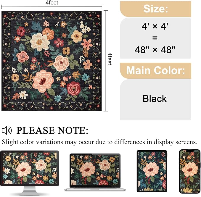 DUKINO 4x4 Square Area Rug, Soft Floral Washable Rug - Image 2