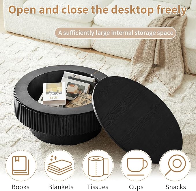 Round Coffee Table for Living Room, Fluted Drum Accent Tea Center Table - Image 6