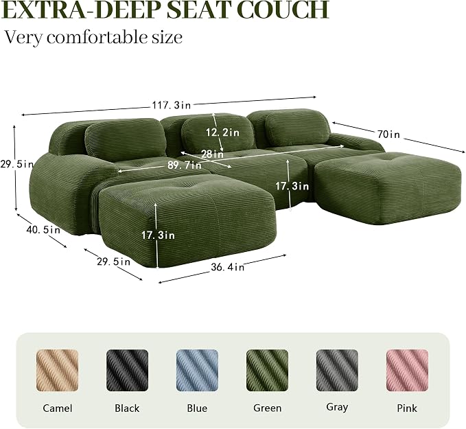 Boneless Sectional Couch, No Assembly Required, 117.3” U Shaped Modular Cloud - Image 3