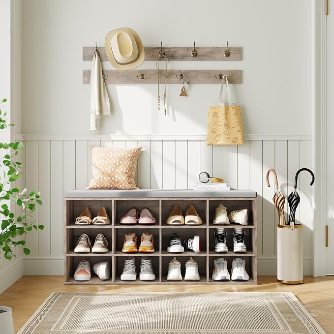 HOOBRO Shoe Storage Bench with Cushion, 39.4" L Entryway Bench with 12 Cubbies - Image 2