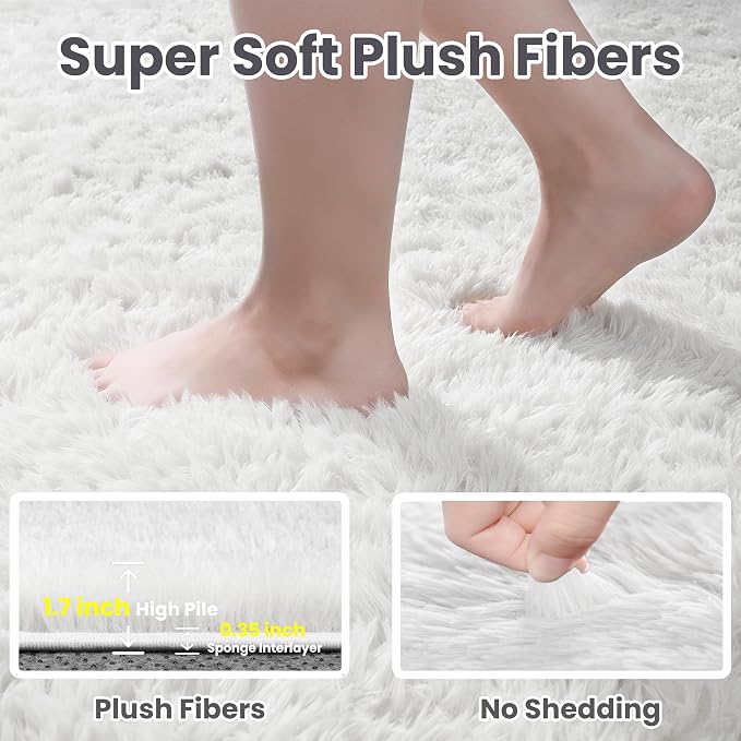 6x9 Fluffy Shag Area Rugs for Living Room Bedroom: Soft Plush Carpet White | - Image 8