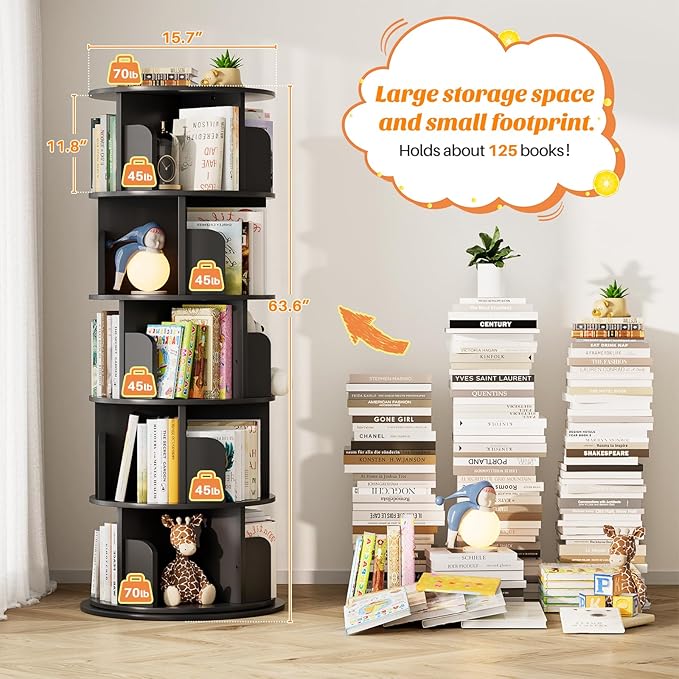 Aheaplus Rotating Bookshelf, 360 Display Wood Spinning Bookshelf Tower - Image 3