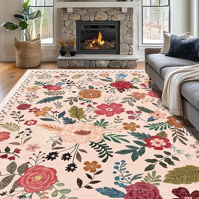 8x10 Area Rugs for Living Room Clearance Washable Boho Area Rug, Vintage Floral by Unknown