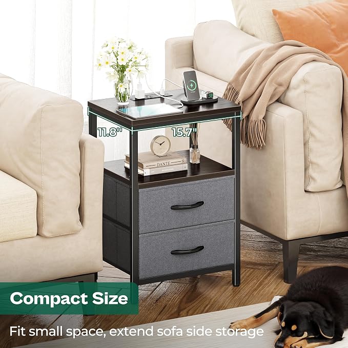 Huuger Nightstand with Charging Station, Fabric Drawers, End Table with Open - Image 6