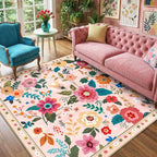 RELEANY Floral Washable Square 6ft Area Rug Pink | Flower Carpet Print Boho by RELEANY