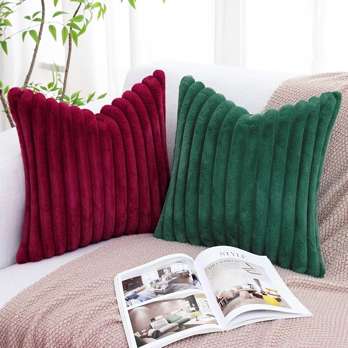 decorUhome Fall Faux Fur Throw Pillow Covers 22x22 Set of 2 Christmas Green | - Image 6