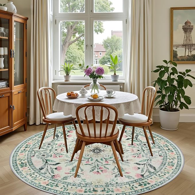 PLHXFR Round Area Rug Living Room: 4 ft Floral Washable Carpet Green Beige | - Image 4