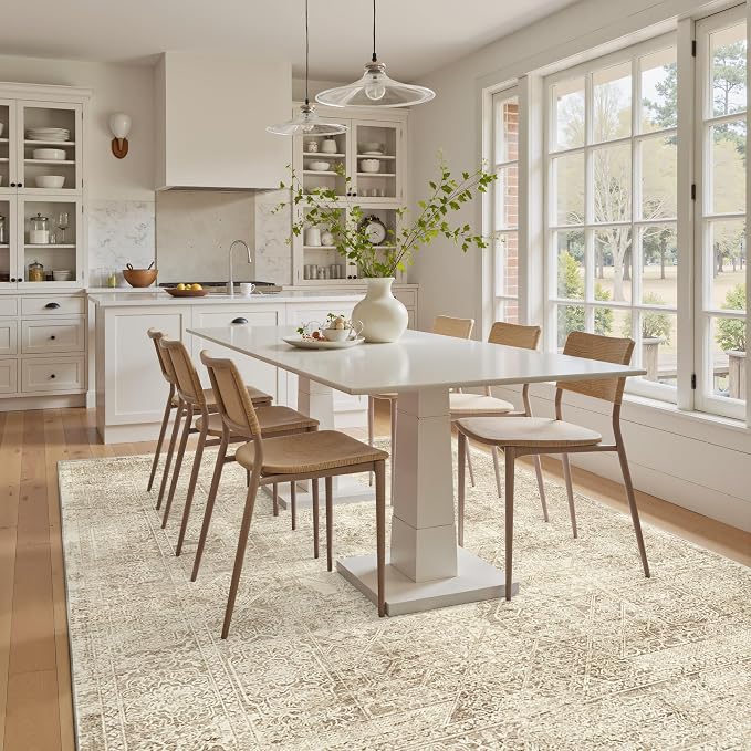 Soalmost 5x7 Area Rugs Light Brown Washable Trendy Faded Style Floral Rugs | - Image 4