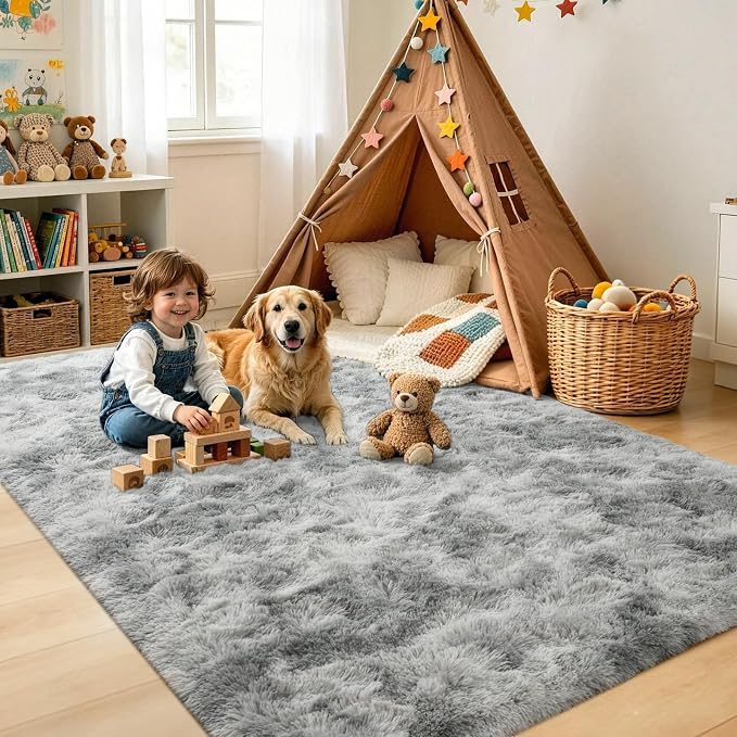 5x7 Tie-Dyed Grey Fluffy Soft Area Rug Non-Slip - Image 4