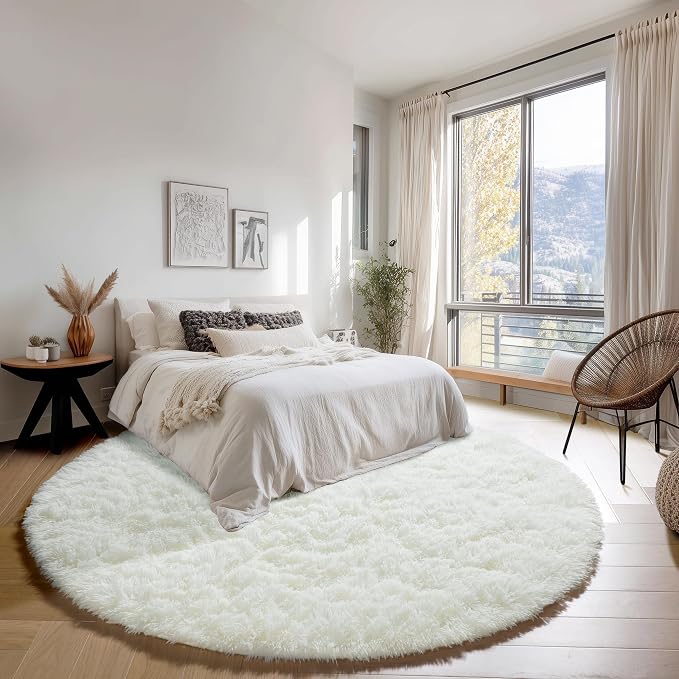 Cream White Round Rugs 8ft for Living Room, Ivory Fluffy Bedroom Circle Area Rug - Image 3