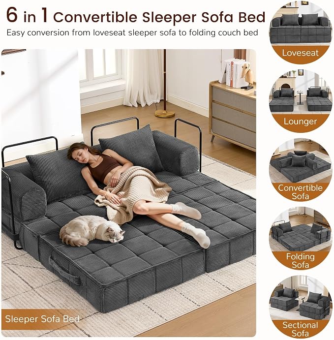 Korser Folding Convertible Sofa Bed, Corduroy Upholstered Boneless Couch - Image 3