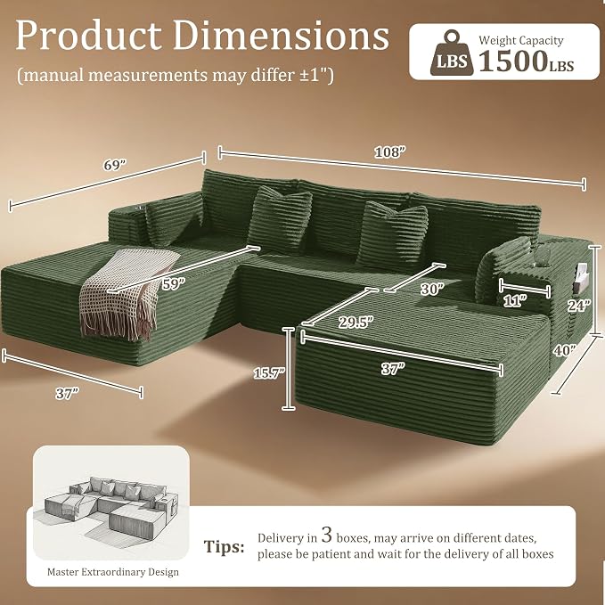 Oversized 108" Cloud Sectional Couch, Comfort U Shaped Boneless Couch - Image 2