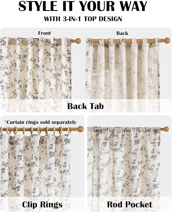 Black Vintage Floral Linen Curtains Farmhouse 50W X 63L 2 Panels | Elisa Series - Image 5