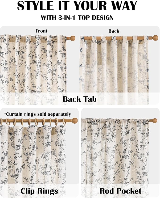 Black Vintage Floral Linen Curtains Farmhouse 38W X 63L 2 Panels | Elisa Series - Image 4