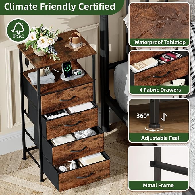 Somdot Tall Nightstand with Charging Station and LED Light - Image 6