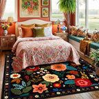 RELEANY Floral Washable Square 6ft Area Rug Black | Flower Carpet Print Boho - Image 6