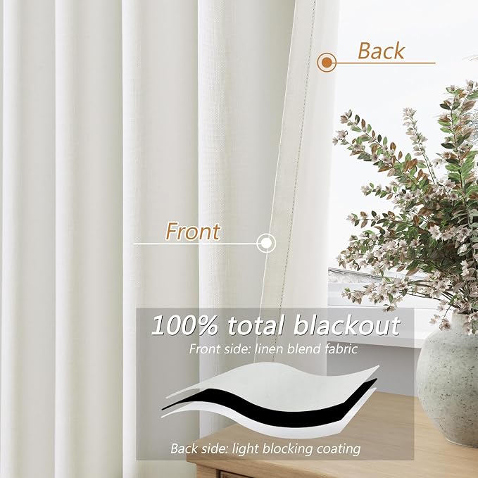 Ivory 100% Blackout Linen Curtains 120 Inch Length 2 Panels Set - Image 4