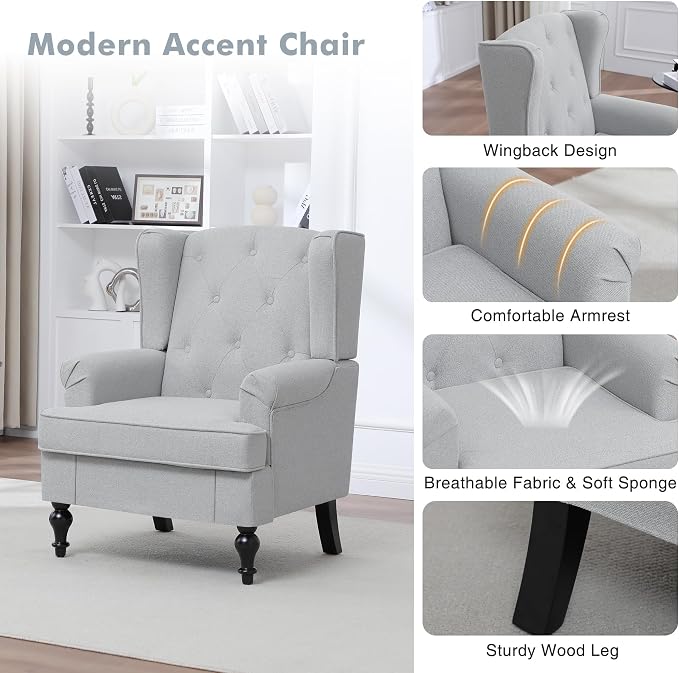 Accent Chair Set of 2, Mid Century Modern Fabric Wingback Chair, Upholstered - Image 5