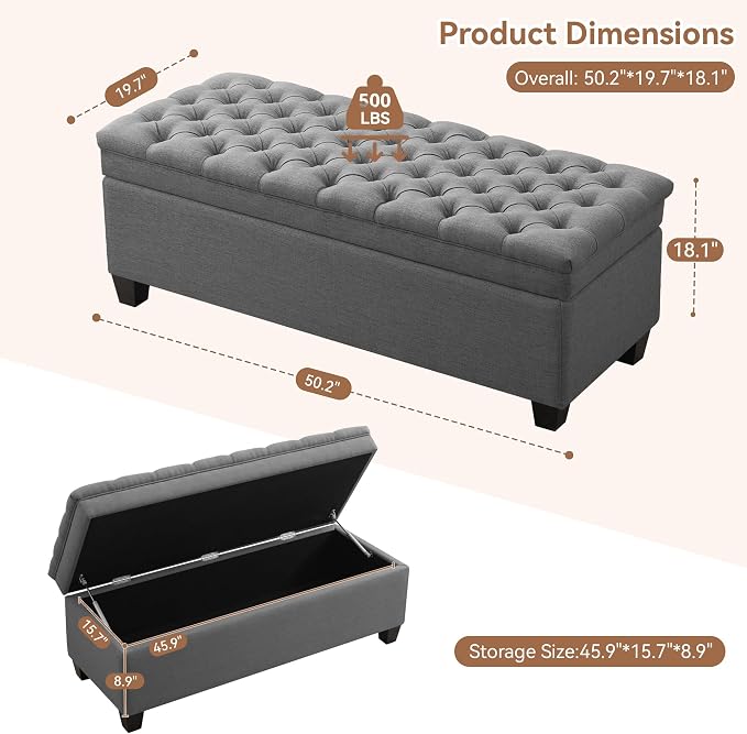 WUTUTUEE 51" Fabric Storage Ottoman Bench, Upholstered Rectangle End of Bed - Image 2