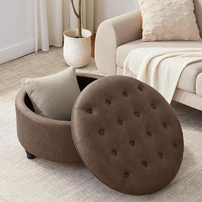 30-Inch Round Storage Ottoman, Button Tufted Ottoman Coffee Table - Image 6