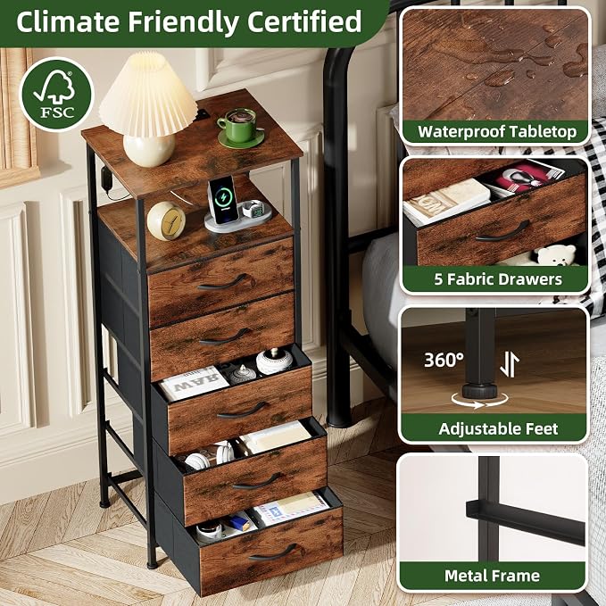 Somdot Tall Nightstand with Charging Station and LED Light - Image 6