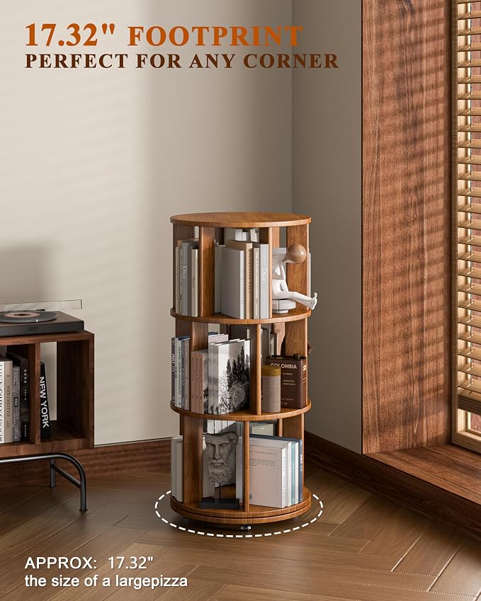 3-Tier Solid Wood Rotating Bookshelf on Wheels, 360° Spinning Book Shelf Tower - Image 6