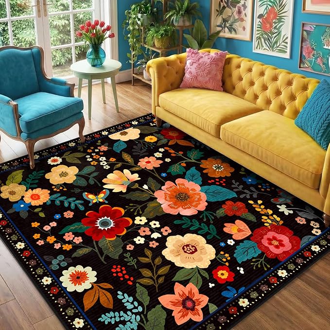 RELEANY Floral Washable Square 5ft Area Rug Black | Flower Carpet Print Boho - Image 9