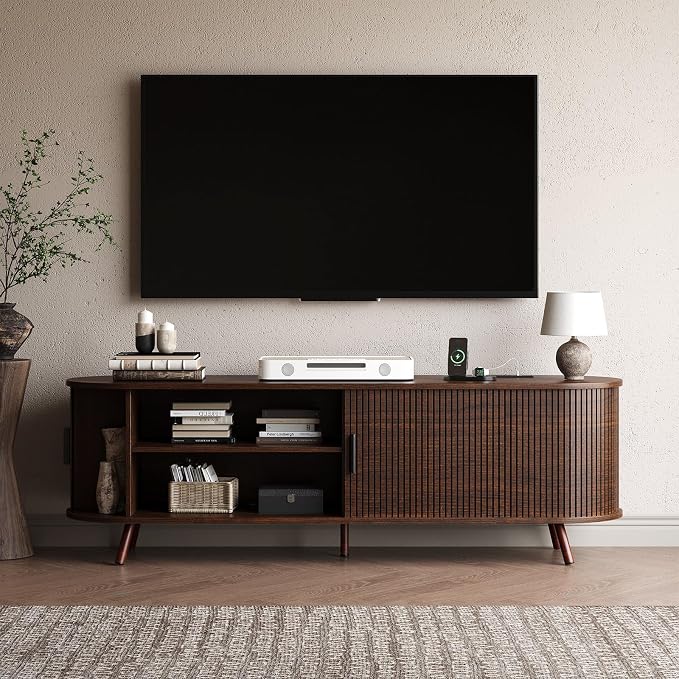 63 inch TV Stand with Power Outlet, Fluted Entertainment Center - Image 7